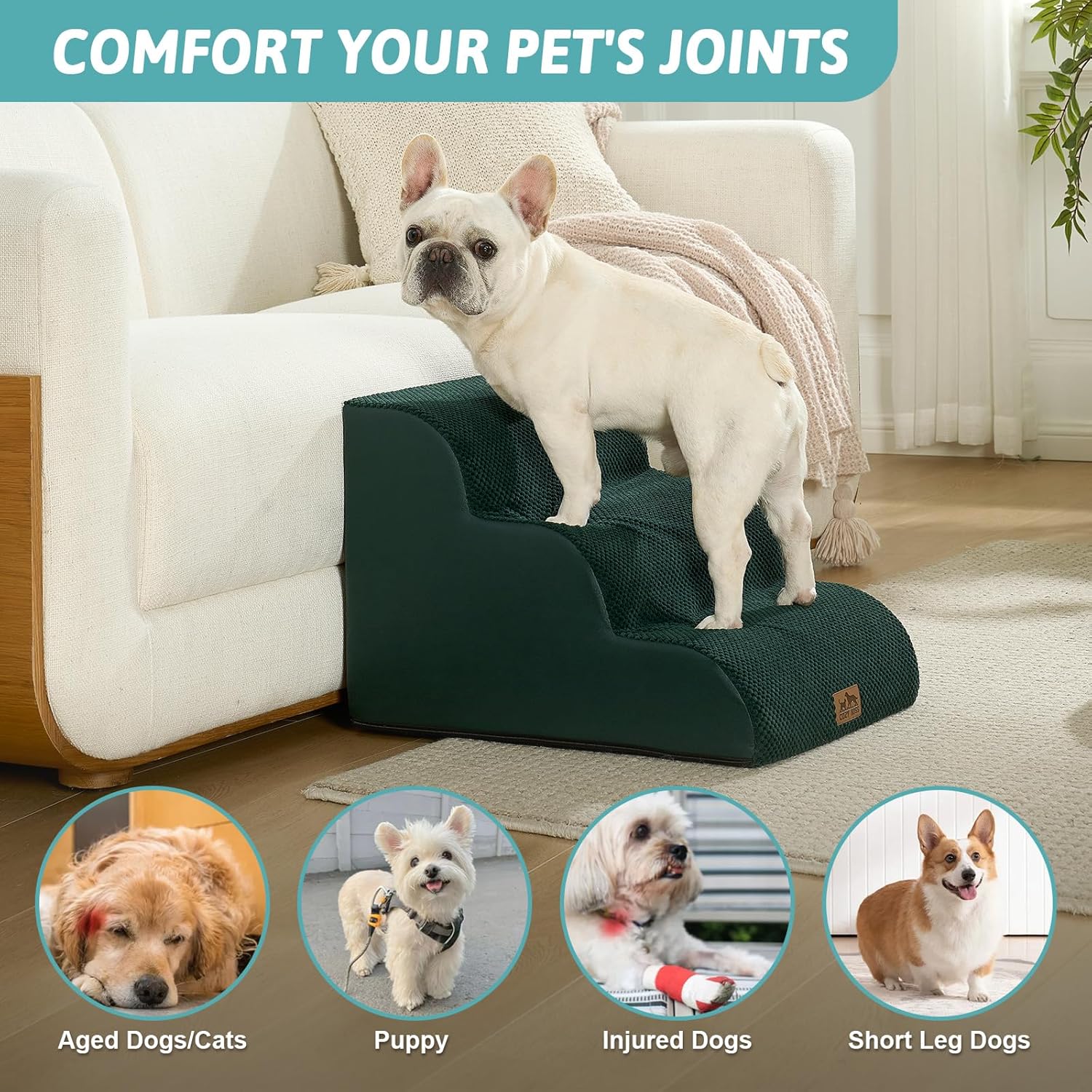 Wide Dog Stairs for Small Dog 15.7" H, Pet Step for Puppy, Older Cat, Curved Ramp for Couch, Durable Anti-Slip Ladder with High Density Foam, 3 Step, 17.7x22.4x15.7 inch, Dark Green