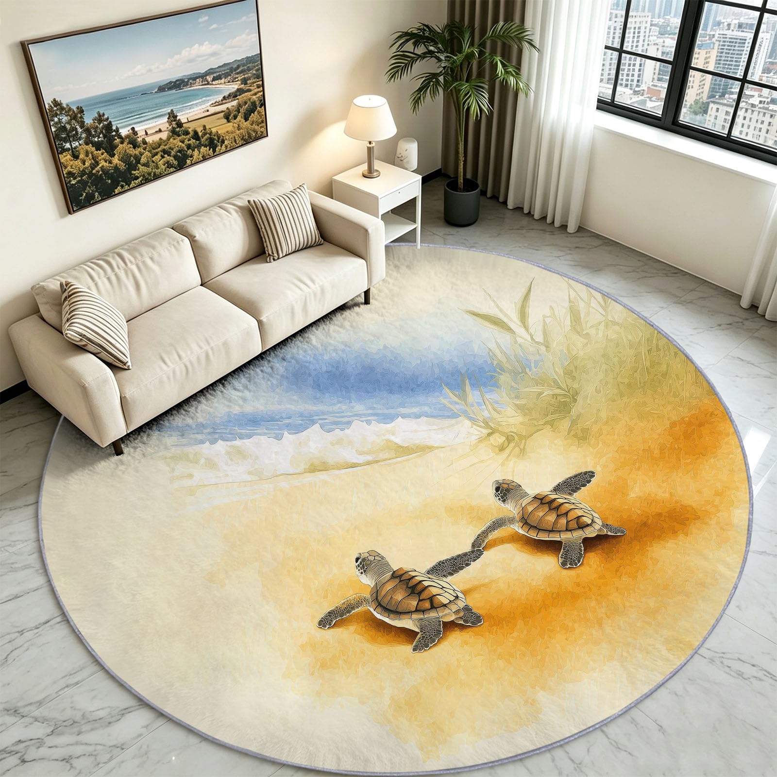 Générique Tappeto rotondo estetico oceano, 180 cm, tartaruga marina, spiaggia, costa, lavabile in lavatrice, per soggiorno, sala da pranzo, cameretta dei bambini, infermiere, pelo corto, morbido