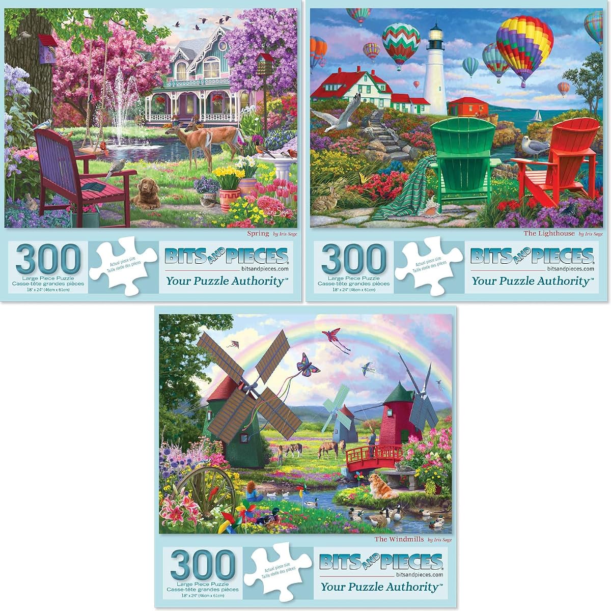 Bits and Pieces 3 Jigsaw Puzzle Set - Jigsaw Puzzles for Adults - Fantasy Scenes - Hot Air Balloons Rainbow Windmill - Random Die Cut Pieces No 2 are Alike