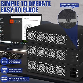 GPU Mining Rig Complete Mining Server Case Ethereum/ETH Crypto Mining Prebuilt 8 GPU Mining Motherboard, 8 x 1800W PSU Cooling Fans, 4GB RAM No GPU - Black