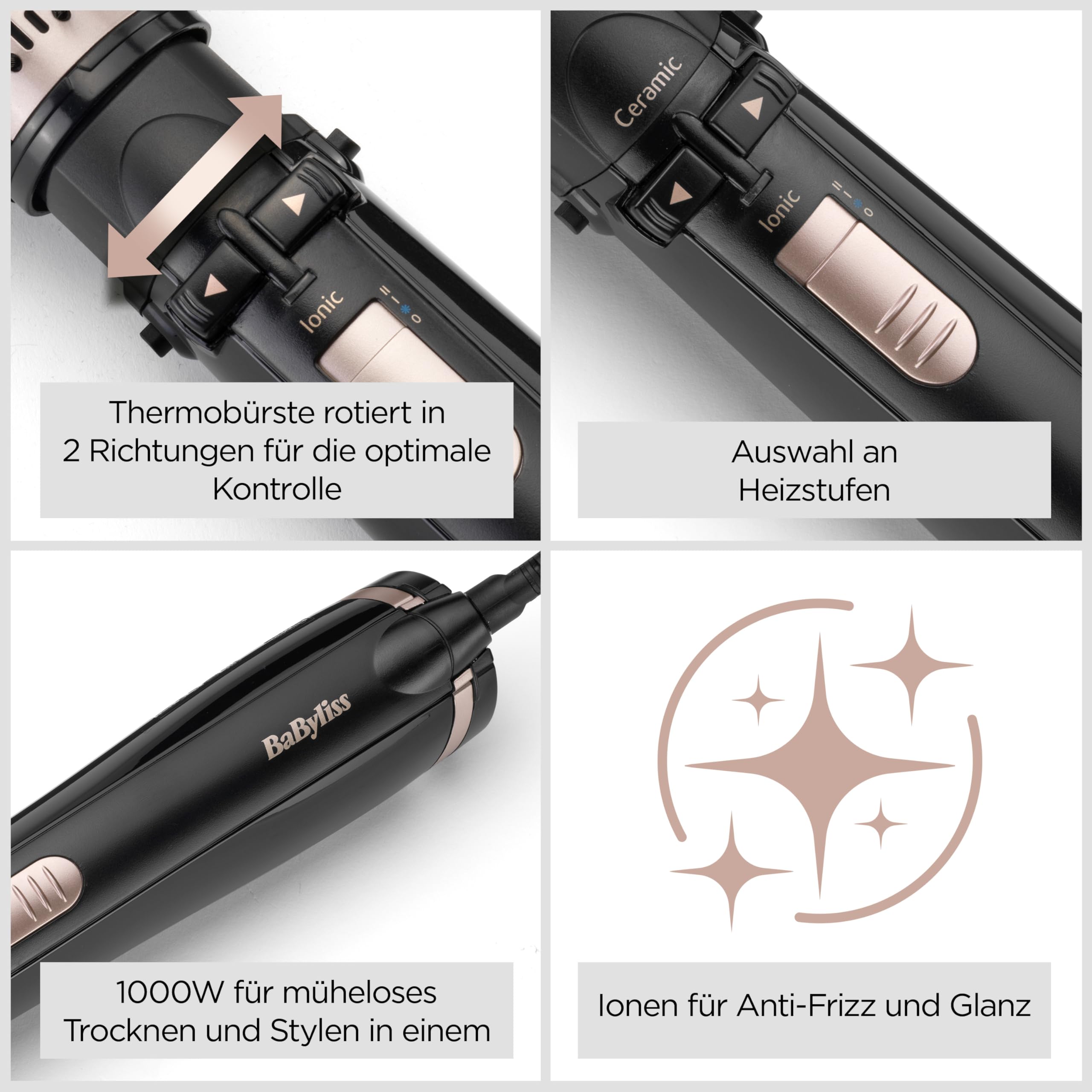 BaByliss Dry, Straighten and Style - Rotierende Warmluftbürste, 1000W Ionen Rundbürstenföhn mit 4 Aufsätzen zum Föhnen, Glätten, Volumen kreieren, Schwarz, AS200E