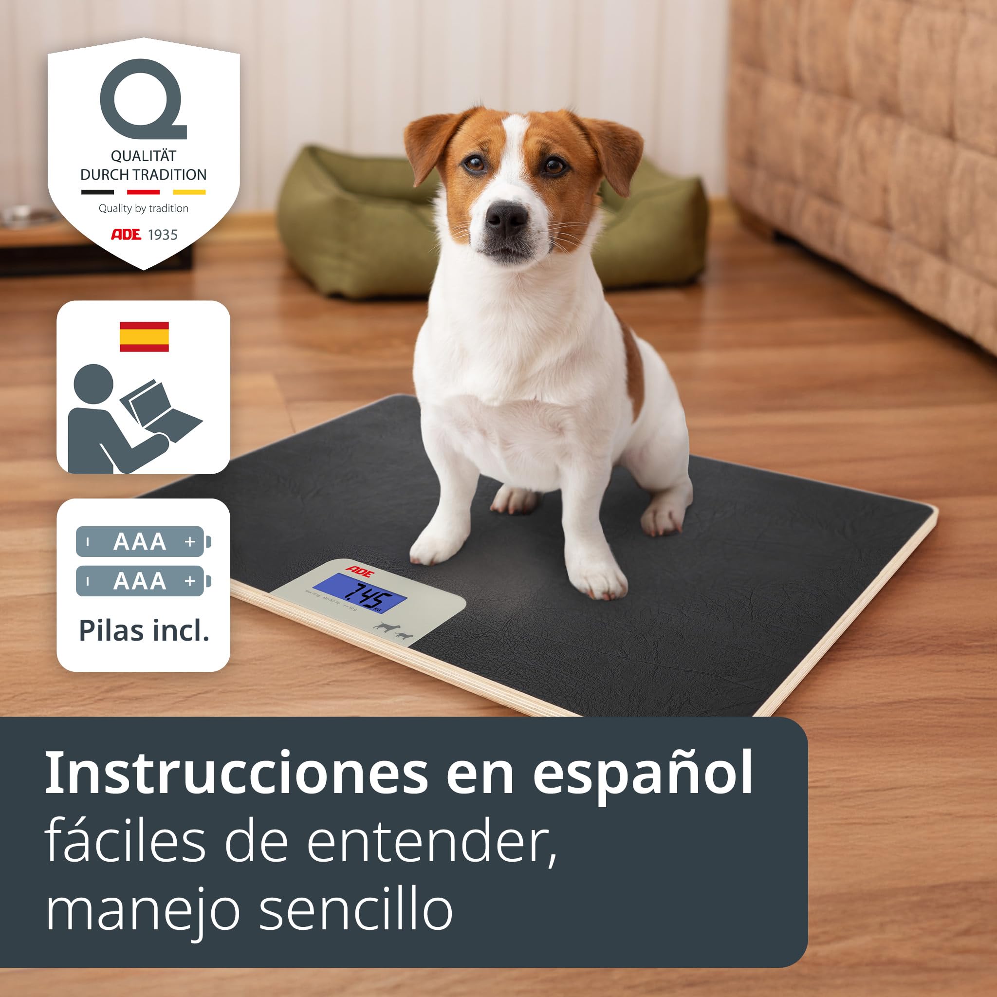 ADE Báscula digital para animales de hasta 75 kg | Báscula para perros con pasos de 50 g | para mascotas pequeñas y medianas | superficie amigable con las patas | también como báscula para gatos y