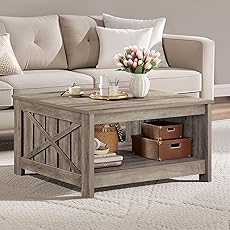 DWVO Square Coffee Table for Living Room Farmhouse Coffee Table with Storage,2-Tier Wood Center Table with Half Open Storage Compartment, Dark Rustic Oak