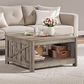 DWVO Square Coffee Table for Living Room Farmhouse Coffee Table with Storage,2-Tier Wood Center Table with Half Open Storage Compartment, Dark Rustic Oak