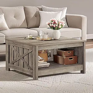DWVO Square Coffee Table for Living Room, Farmhouse Coffee Table with Storage, 2-Tier Wood Coffee Tables Center Table with Half Open Storage Compartment, Rustic Grey