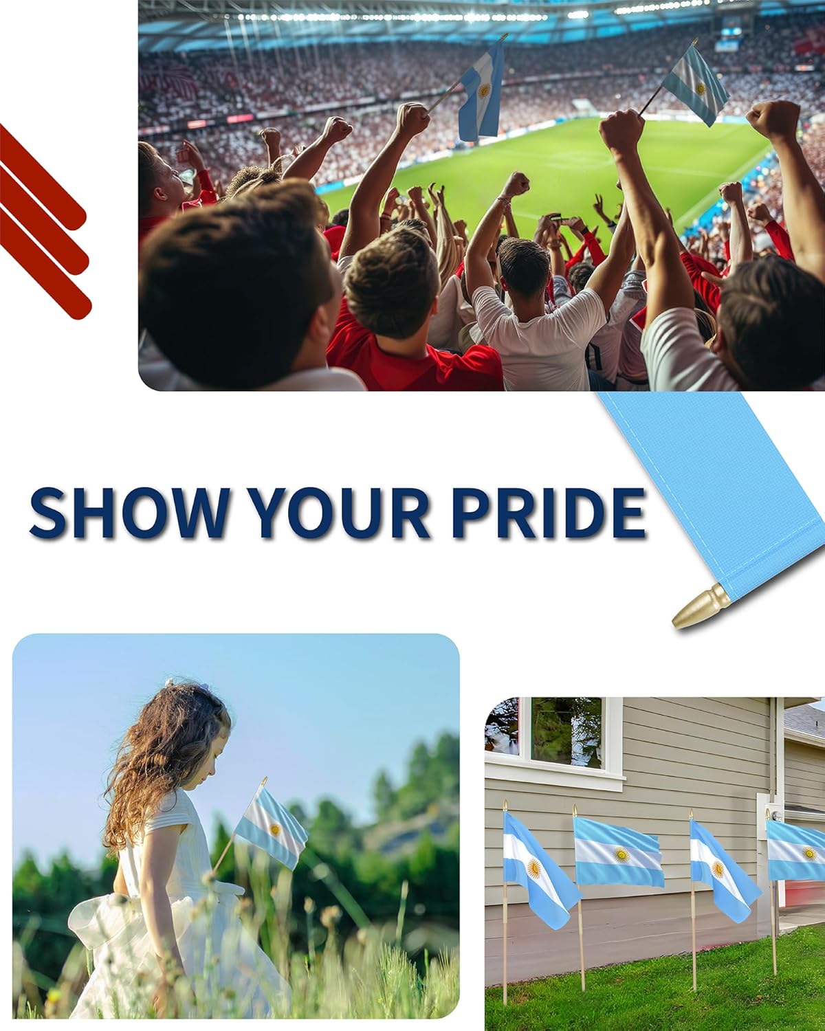 Heavy Duty 12 Pack 12x18 Inch Large Argentine Flags on Stick 35” Tall Argentina Stick Flags Durable Break-Resistant 5/16” Birch Pole 300D Oxford Fabric Argentina Independence Day May Revolution Day Yard & Festival Decorations