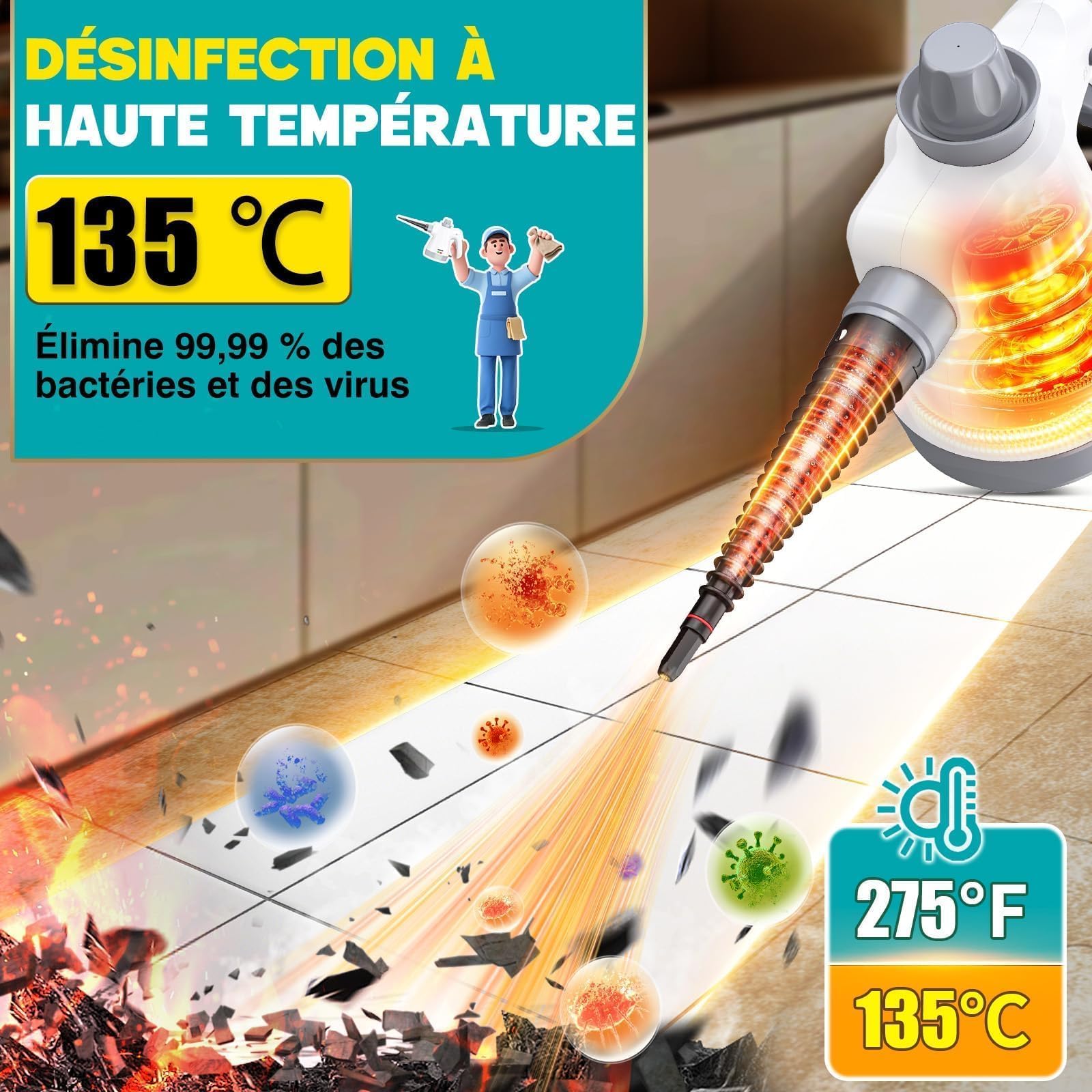 Nettoyeur Vapeur Portatif 1050W, Nettoyage Haute Température – 100% Sans Chimie Désinfection, Appareil Multifonction pour Cuisine, Salle de Bain, Voiture, Sols et Tissus