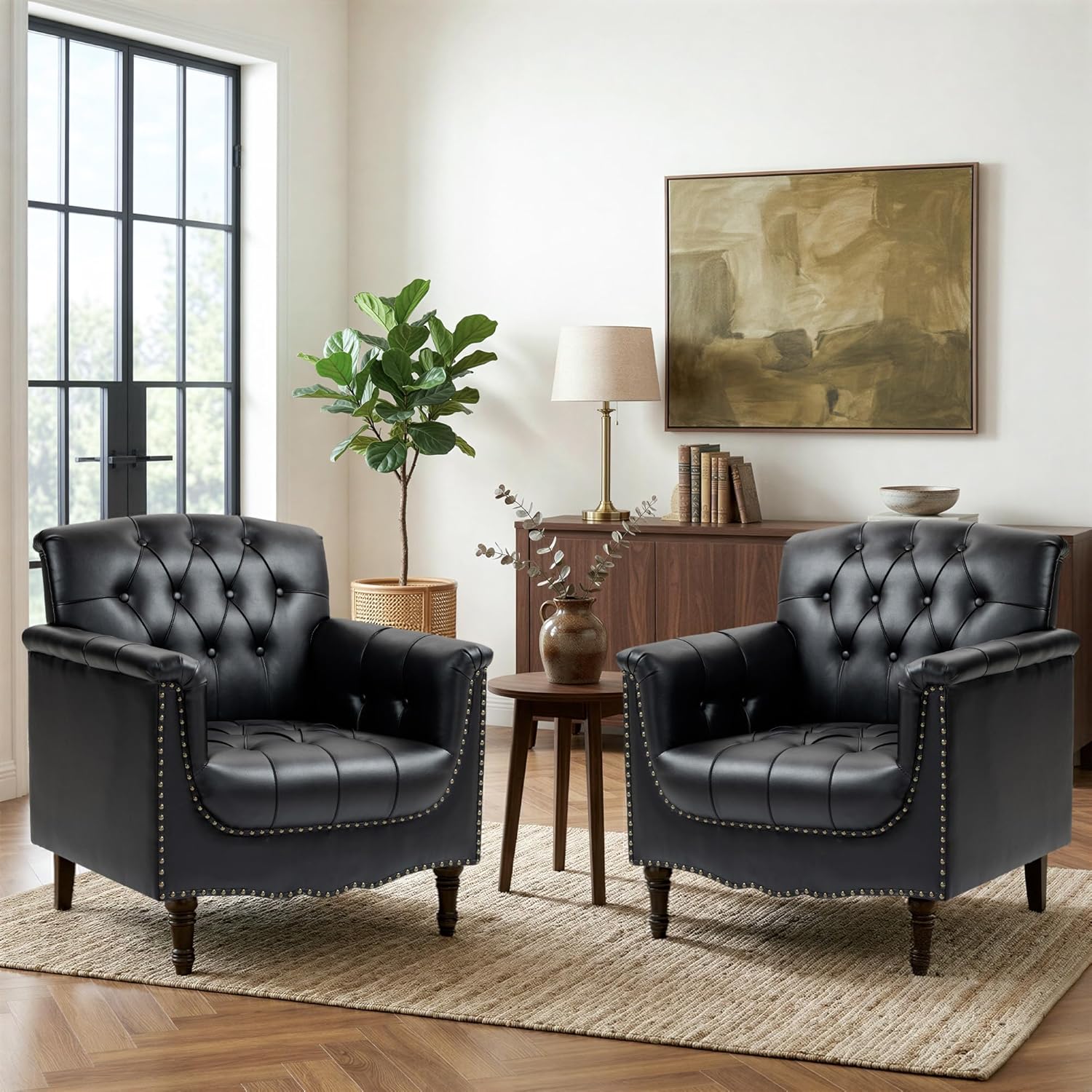 Faux Leather Accent Chair, PU Leather Modern Comfy Upholstered Armchair with Wood Legs & Nailhead Trim for Living Room, Bedroom (Black,Set of 2)