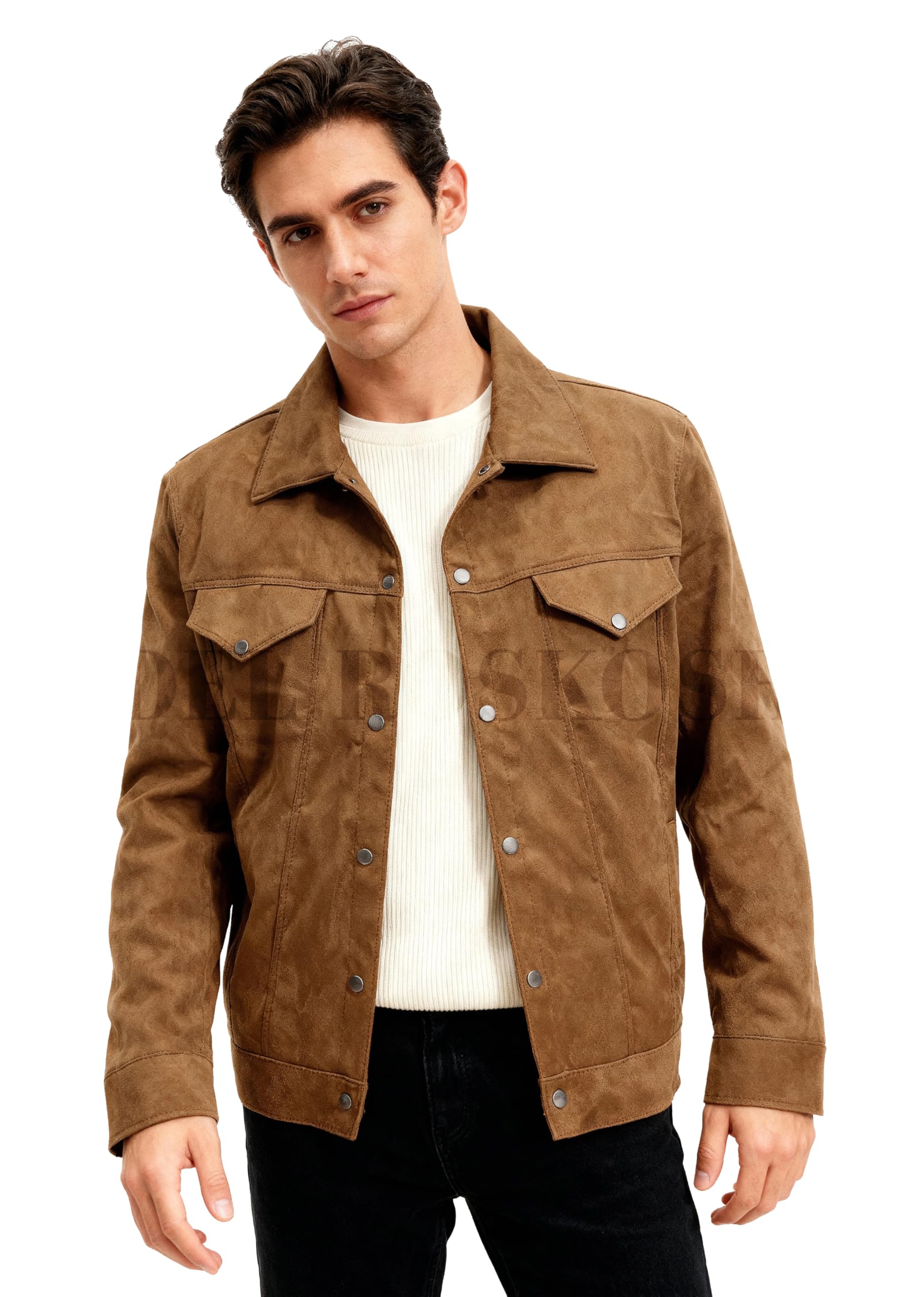 del roskosh Men's Suede Faux Leather Casual Standard Length Jacket Brown-picture-27