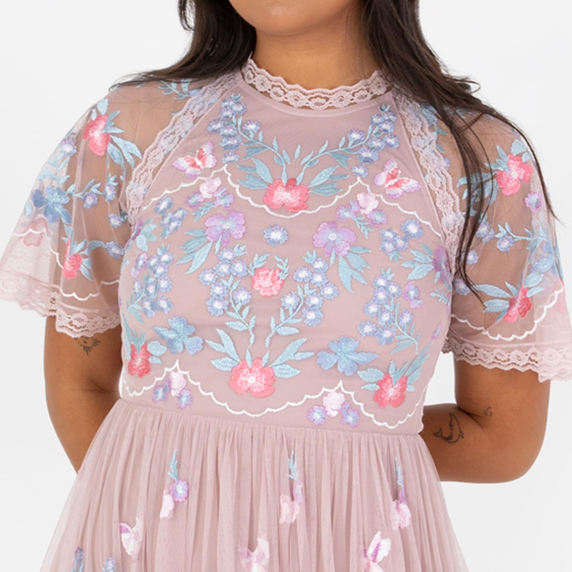 Maya Deluxe Women's Ladies Maxi Dress Short Sleeve Round Neck Floral Embroidered Tulle Lace Trim A-Line Wedding Guest Prom Ball Gown Vestito Donna