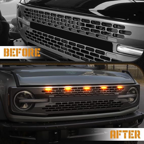 Seven Sparta 5 Pcs Front LED Grill Lights for Ford Bronco Accessories 2021 2022 2023 2/4 Door Badlands Wildtrak Everglades & First Edition Amber OEM Grille Lamps Kit with Fuse & Wiring Harness