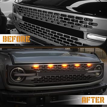 Seven Sparta 5 Pcs Front LED Grill Lights for Ford Bronco Accessories 2021 2022 2023 2/4 Door Badlands Wildtrak Everglades & First Edition Amber OEM Grille Lamps Kit with Fuse & Wiring Harness