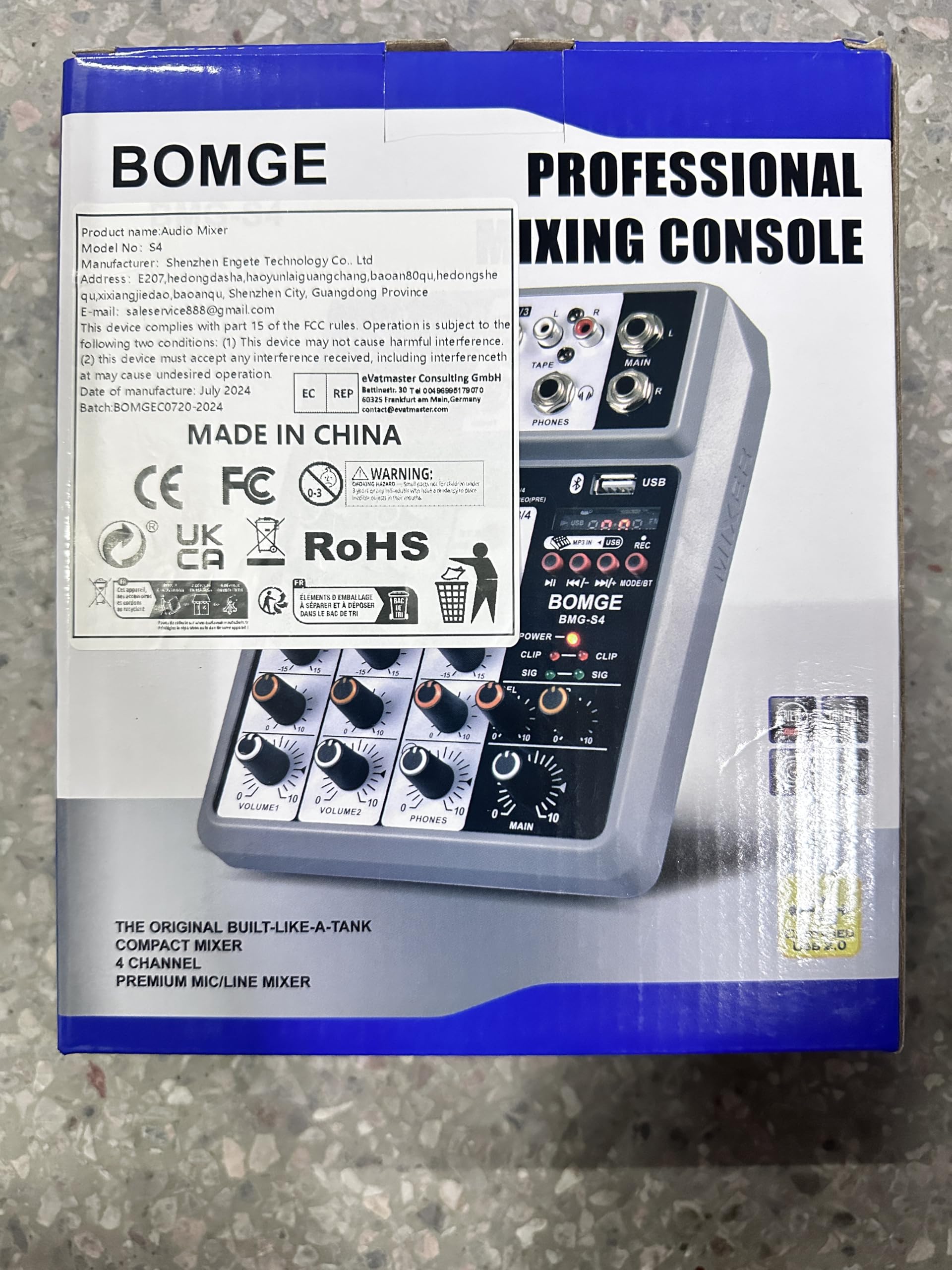 BOMGE Professional Audio Mixer, Sound Board Mixing Console with 4 Channel Digital USB Bluetooth Echo Delay Effect, Input 48V Phantom Power Stereo DJ Mixers for Recording, Live Streaming, Podcasting