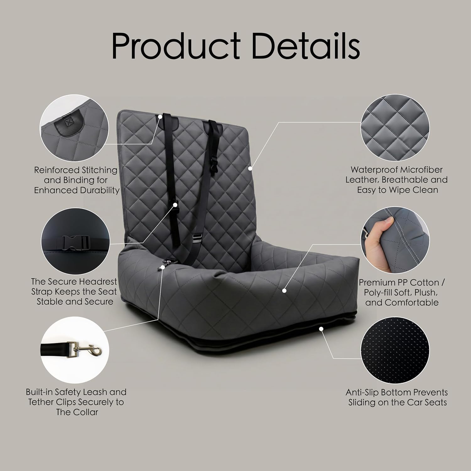 Microfiber Leather Dog Car Seat for Small & Medium Dogs, Waterproof Pet Car Seat with Washable Pee Pad, Scratch & Fur Resistant, Foldable Dog Bed for Home & Travel, Non-Slip Design, Matte Gray