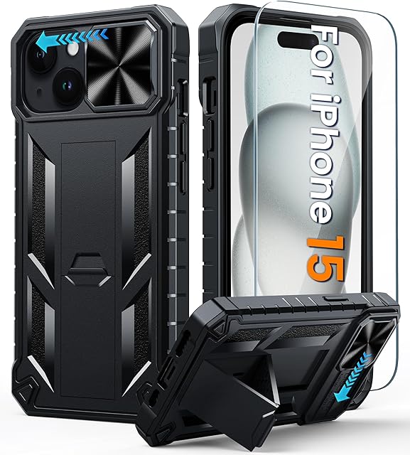 FNTCASE for iPhone 15 Case: Rugged Military Grade Full Protection Shockproof Protective Case with Kickstand | TPU Matte Textured Heavy Duty Hard Bumper Phone Cover for iPhone 15 6.1" Black