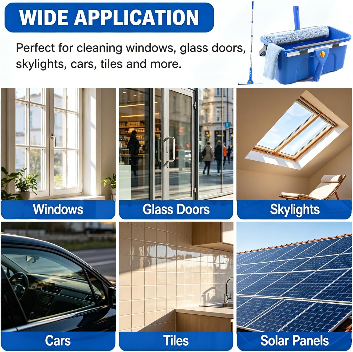 Window Cleaning Kit with 3 Gallon Bucket | 63" Long Handle 14" Window Squeegee & 15" Microfiber Scrubber, Multi‑Purpose Window Washing Tools for Home Car Outdoor Commercial