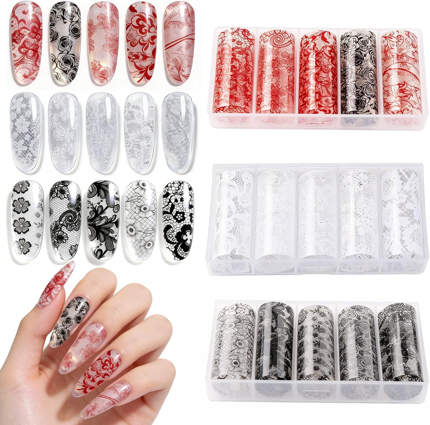 15 Rolls White Lace Nail Foil, 3 Boxes 1.57×19.69 Inch Lace Nail Transfer Foil Sheets, Assorted White Lace Nail Art Stickers DIY Decor, Floral Lace Foil Transfer Nail Accessories Supplies