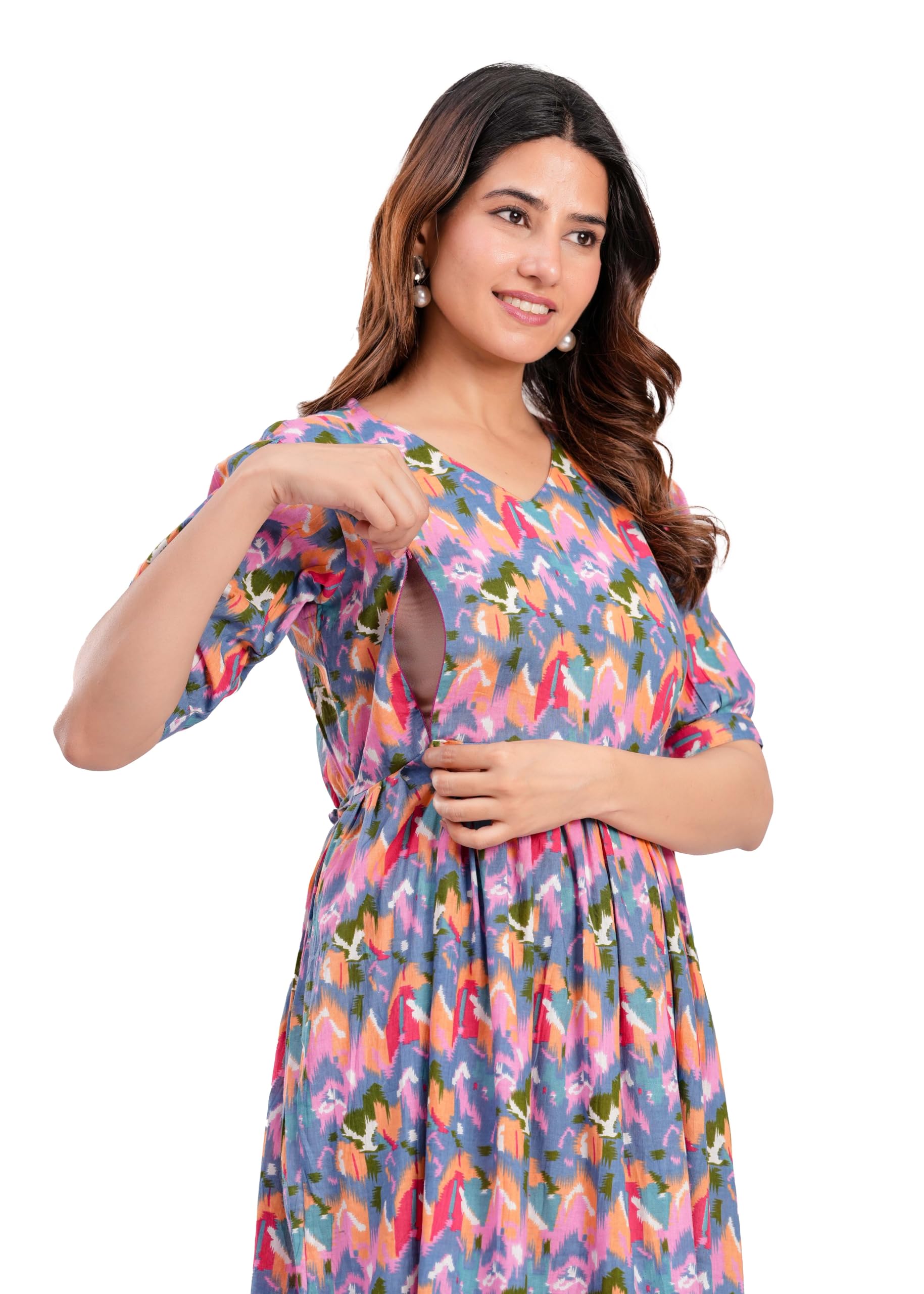 Women's Cotton Maternity Feeding Kurti, All Over Printed, Regular Fit