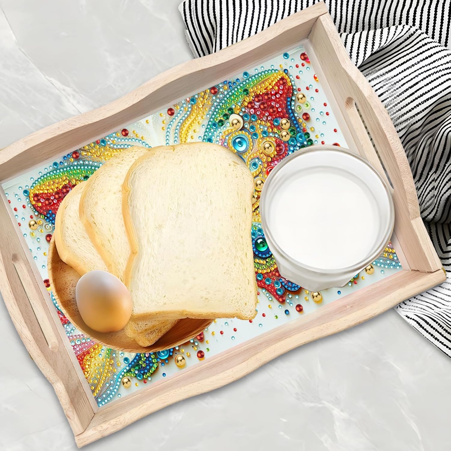 ARTopet 2Pcs DIY Diamond Tray Diamond Art Painting Creative Design Handmade Wooden Serving Tray Dinner Plate Partial Diamond Art Breakfast Tray for Coffee Living Room Home Organizer-07