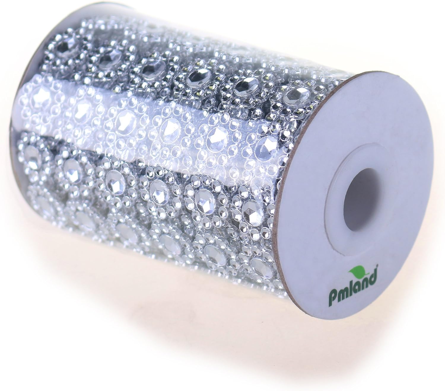 PMLAND Silver Diamond Flower Shape Mesh Wrap Roll Faux Rhinestone Crystal Ribbon - 4 Inch Wide 5 Feet Long