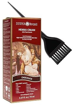Surya Brasil All Natural HENNA Hair Color CREAM Plant Extracts, Semi-Permanent for Grey Coverage with Brush Brazil CHOCOLATE