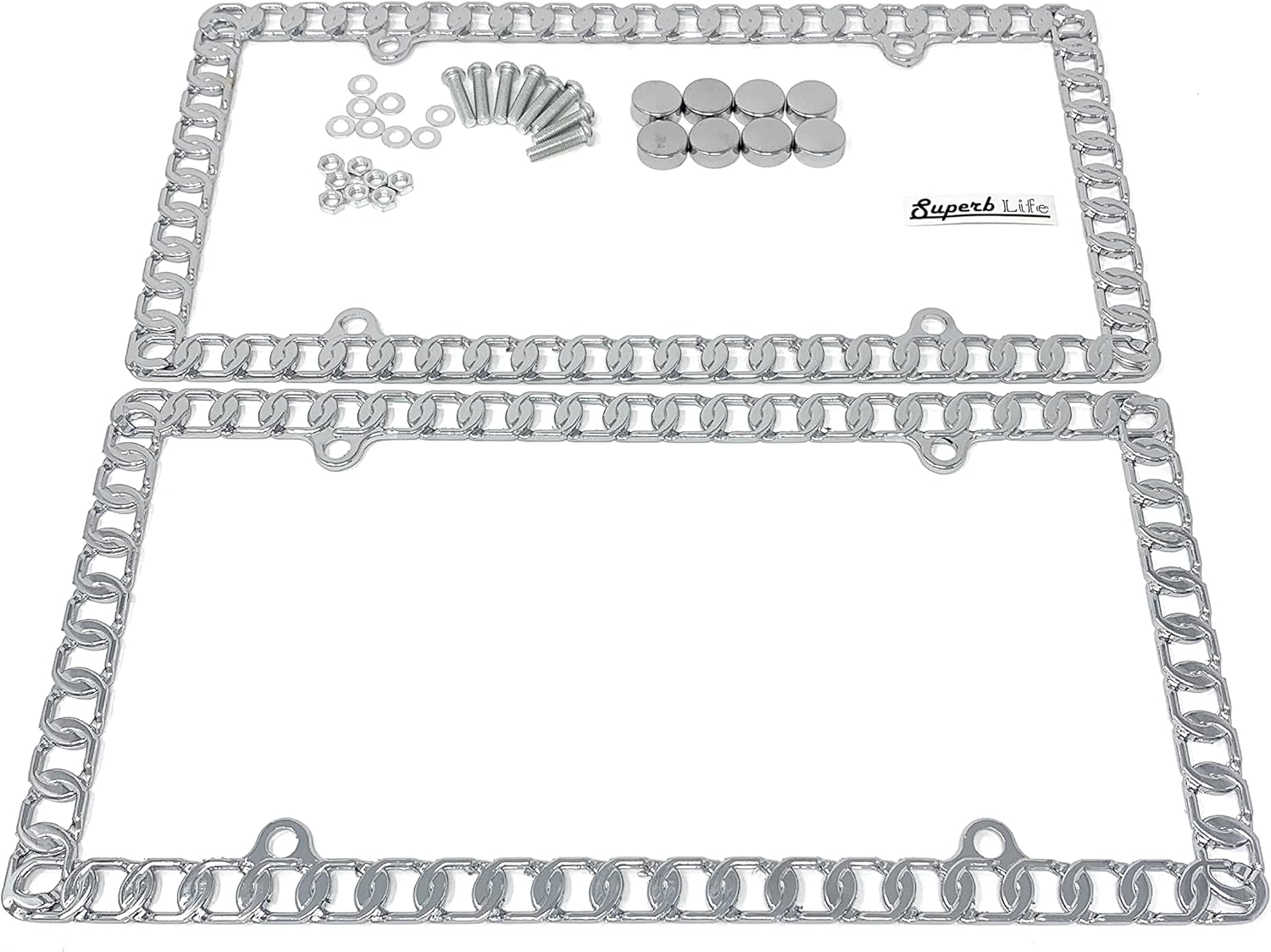 Universal Mega-Metal Round Chain Link Design License Plate Frame with Screws Caps, Set of 2 (Silver) - Image 2