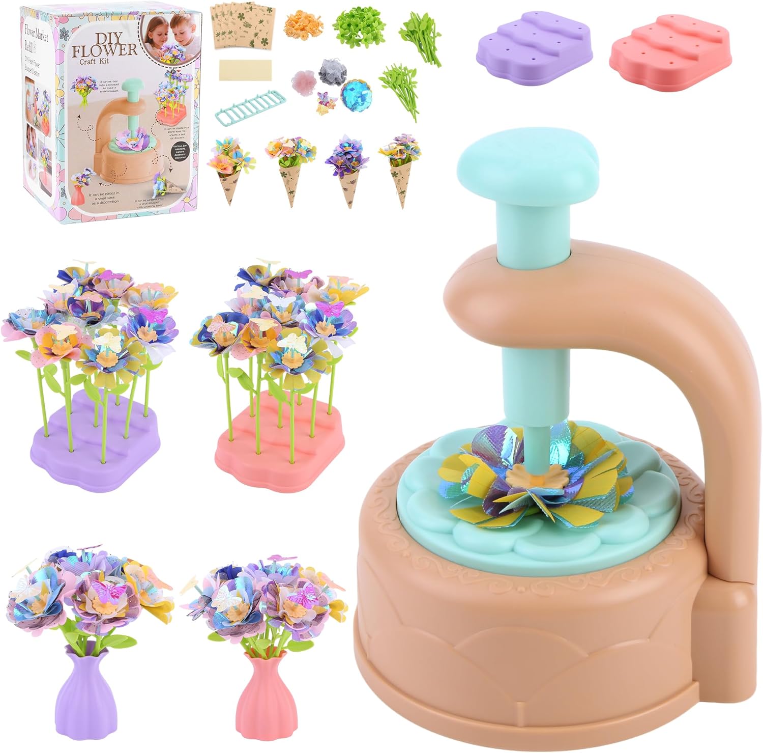 Lufstd DIY Flower Bouquet Craft Kits,Arts and Crafts Flowers Market Toy for Kids, Christmas Birthday Gift for 4 5 6 7 8 9 10 Year Old Girl