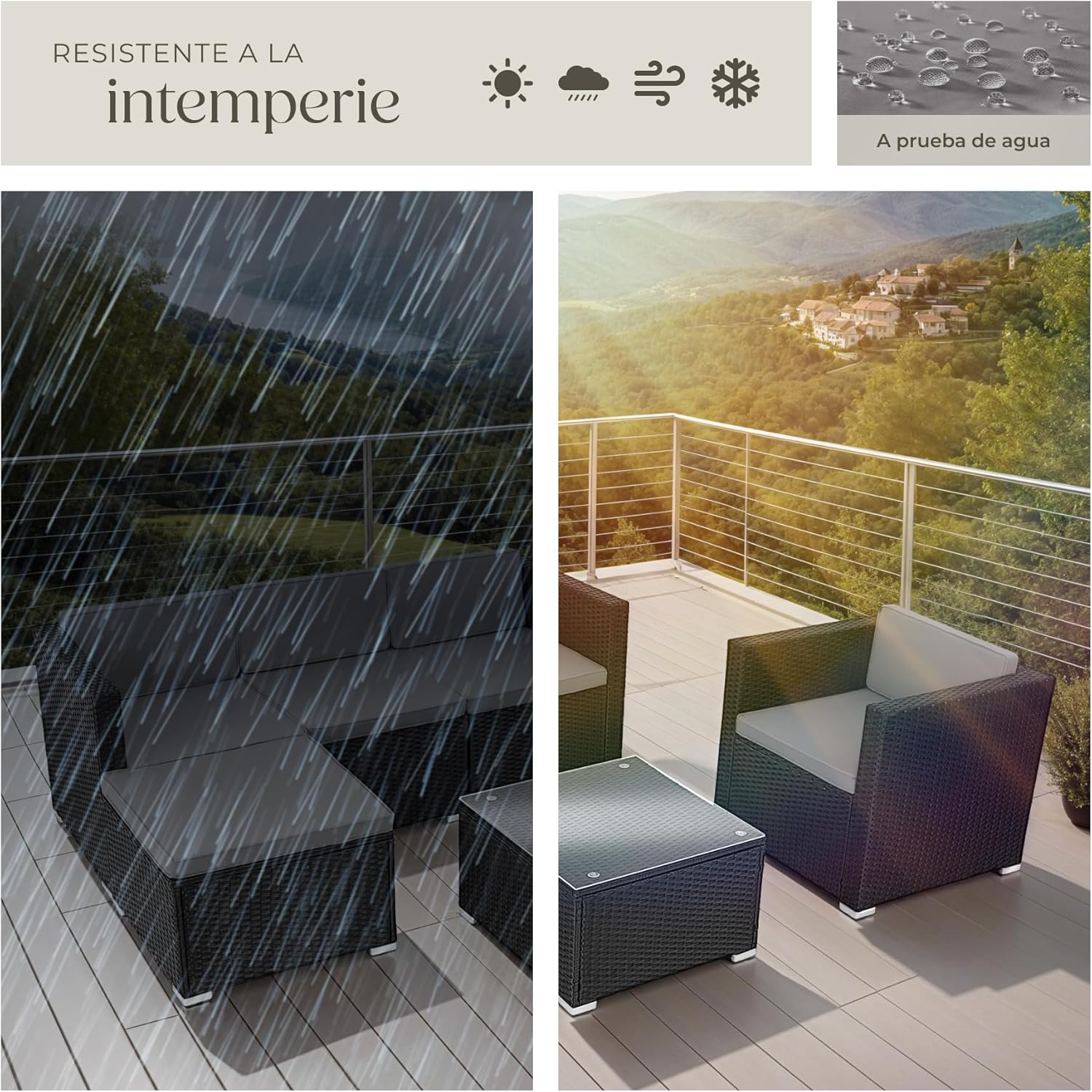 Image showing the garden set resistant to sun, rain, and wind, with a close-up of water-repellent fabric.