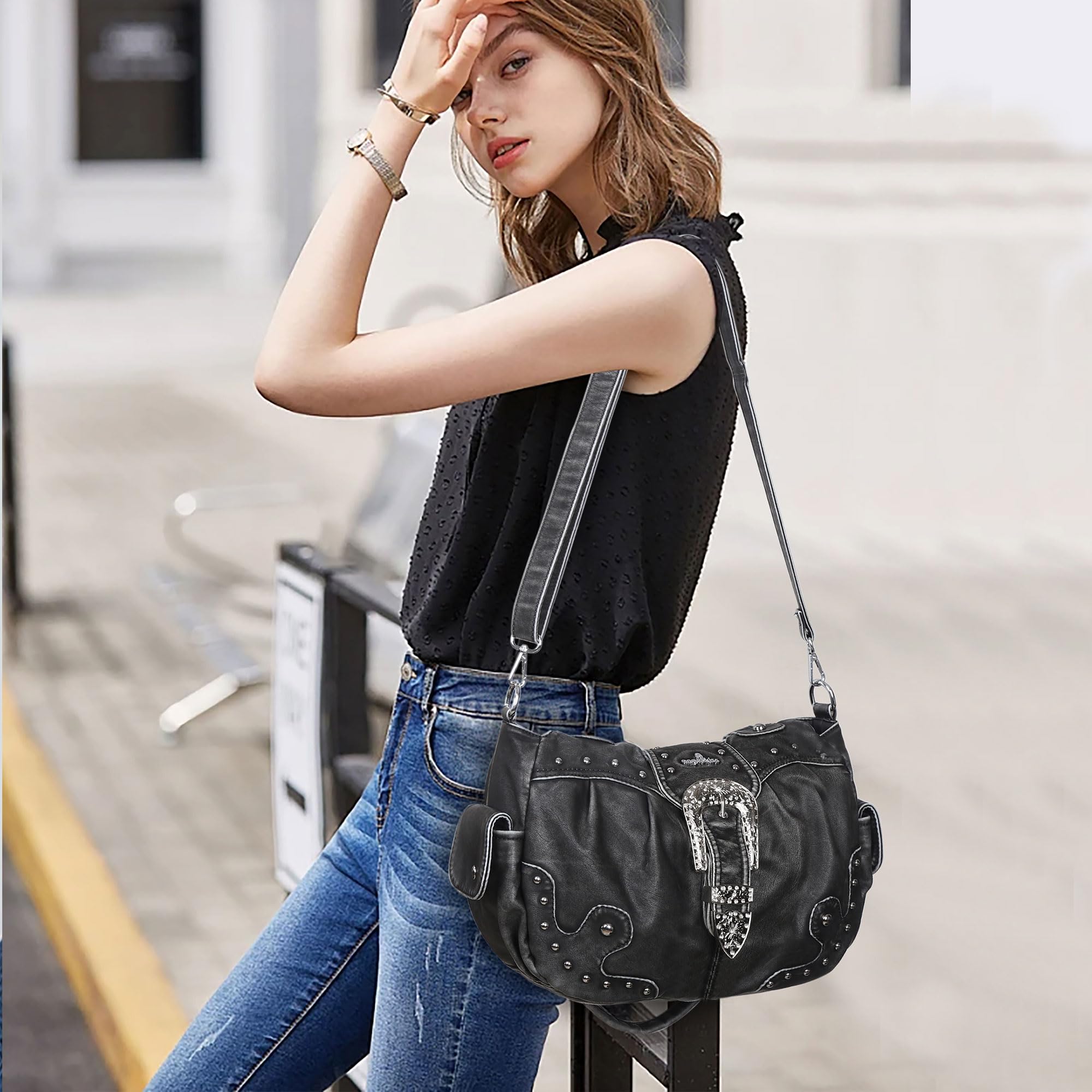 Angel Kiss Torby hobo dla kobiet wegańskie skórzane torebki i torebki damskie eleganckie torby na ramię torebki crossbody z metalowymi ćwiekami