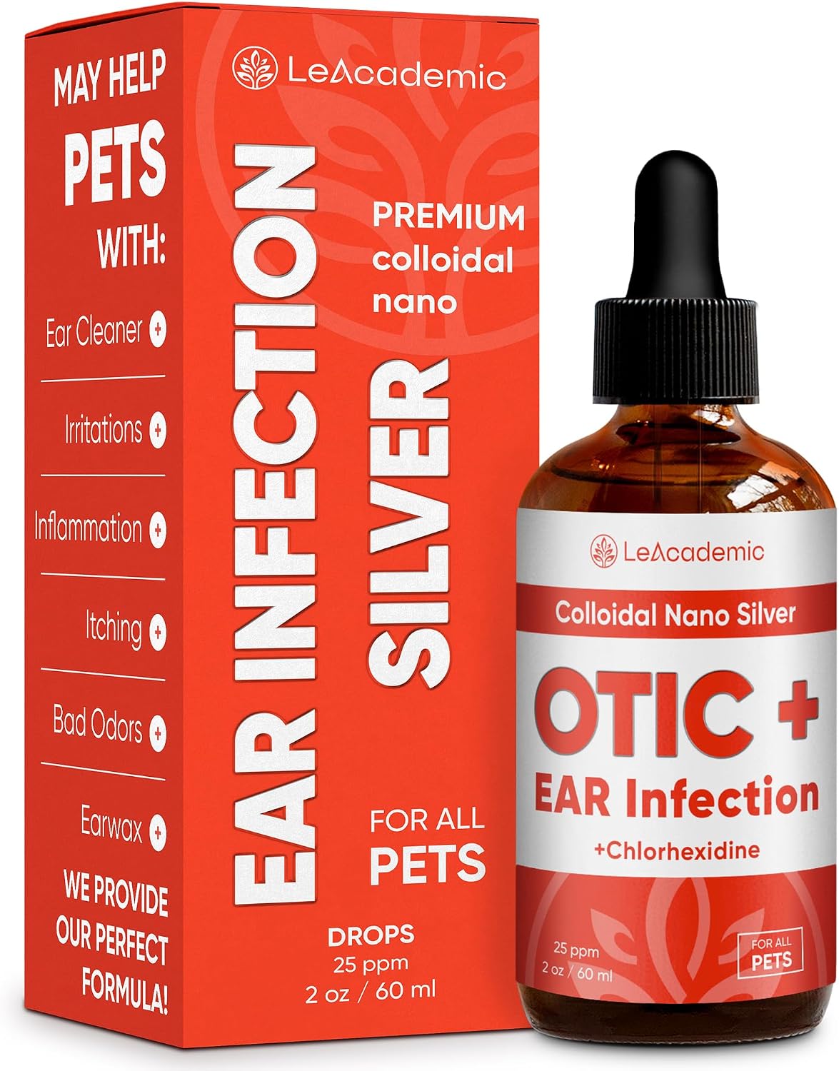 Dog Ear Infection Treatment | OTIC+ Ear Infection Treatment for Dogs & Cats | Cat Cleaner Drops | Chlorhexidine Wash for Pets | Helps with Otic Irritations & Itchings | Nano Silver | 2 Oz