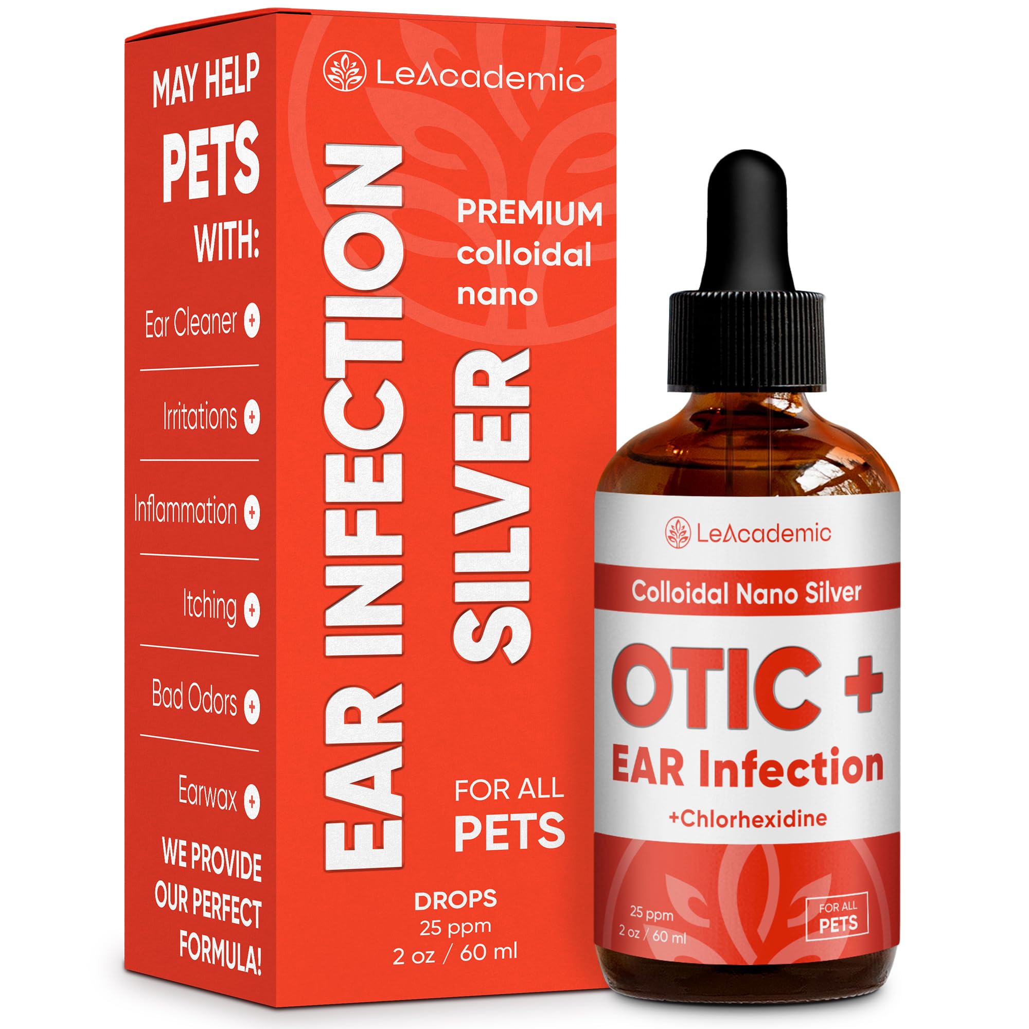 Dog Ear Infection Treatment | OTIC+ Ear Infection Treatment for Dogs & Cats | Cat Cleaner Drops | Chlorhexidine Wash for Pets | Helps with Otic Irritations & Itchings | Nano Silver | 2 Oz