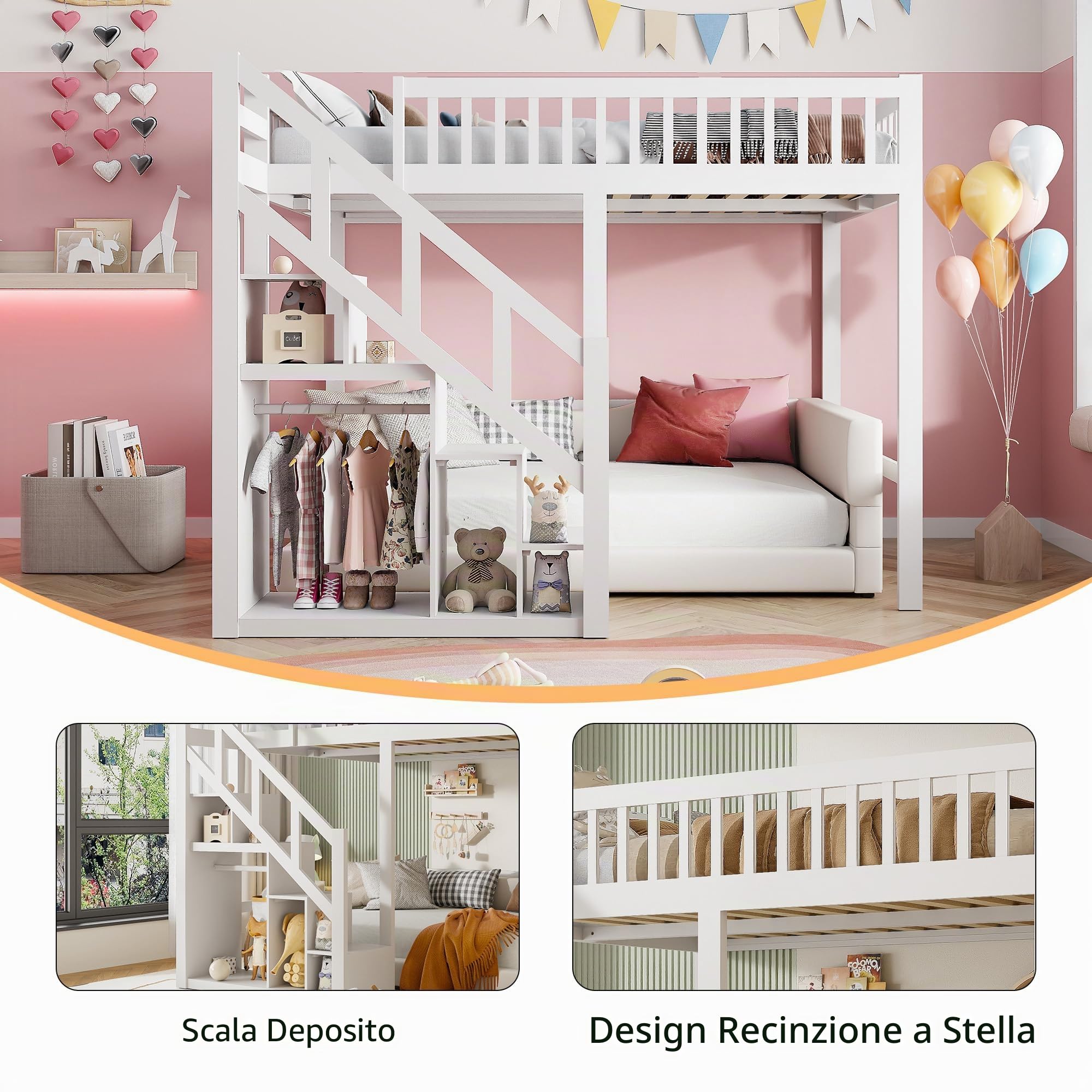 Letto a castello, 90 x 200 cm, letto a castello con scale e spazio di archiviazione, lettino per bambini con libreria e armadio, letto per ragazzi con rete a doghe, in legno massiccio, senza
