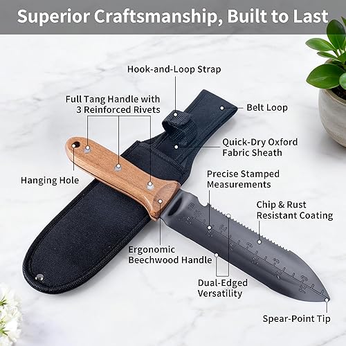 Miniatura 4 de YANG Hori Hori - Cuchillo de jardín de acero inoxidable de 7 pulgadas con funda de tela Oxford, mango de madera de haya de espiga completa,