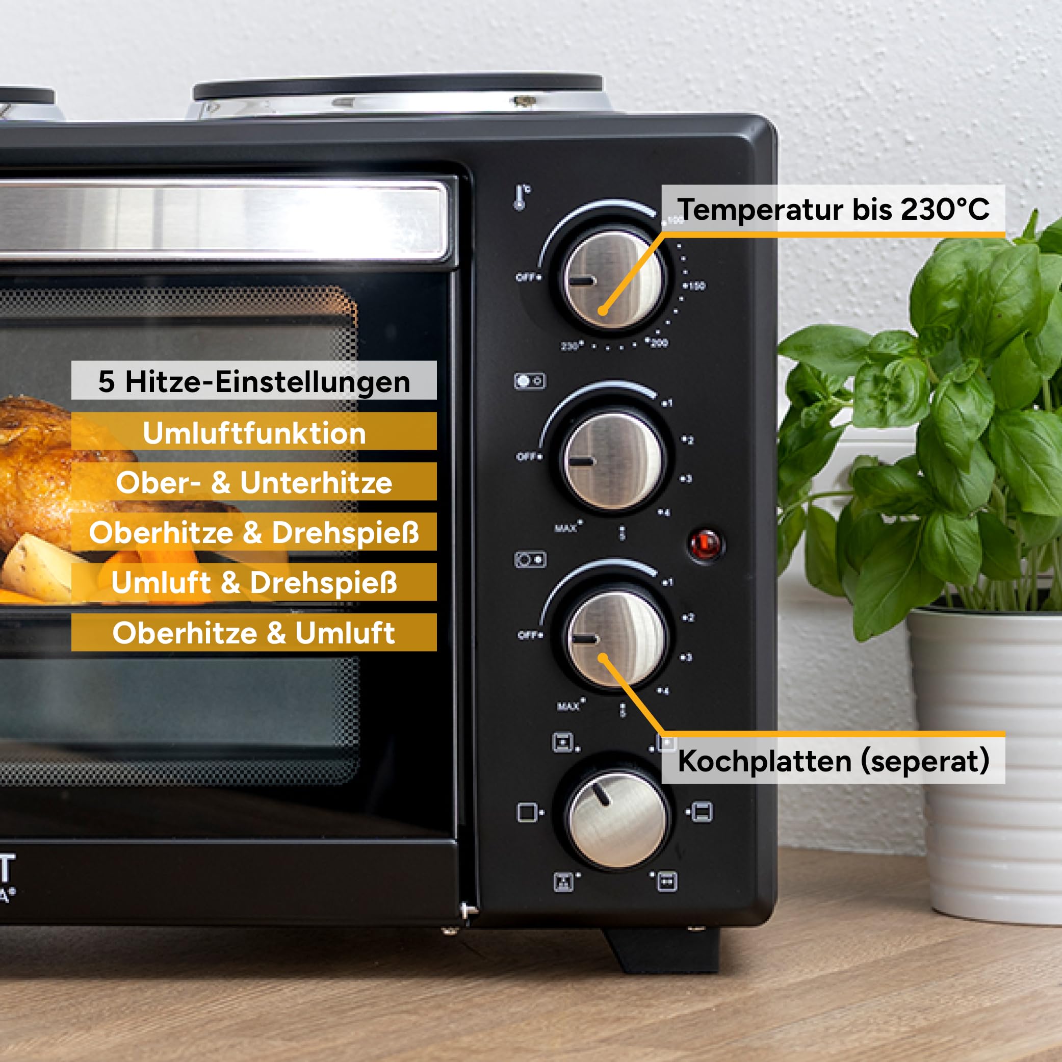 TZS First Austria - Minibackofen mit Kochplatten 60L 3200 W - Mini Backofen Pizzaofen mit Herdplatten bis 230°C & 6 Heizmodi - Miniofen Kombigerät mit 4 Einschubhöhen & hochwertigem Zubehör