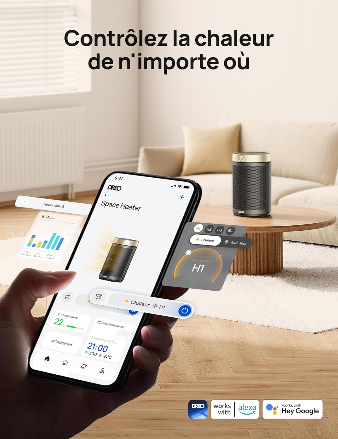 Dreo Chauffage d'appoint, chauffage electrique soufflant economique avec thermostat, minuterie 1-12H, mode eco, chauffage ceramique - photo 2