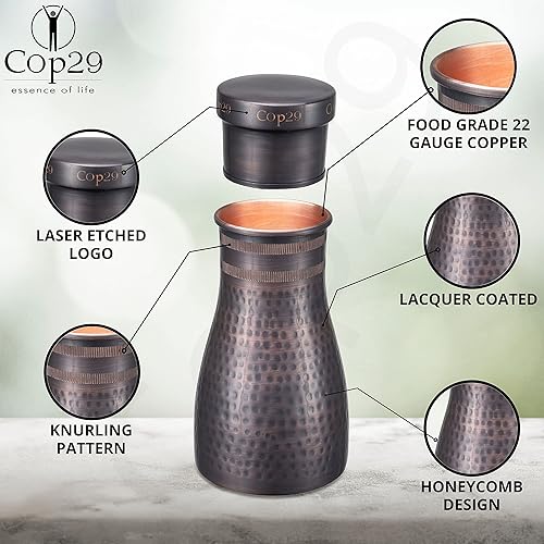 Miniatura 6 de Cop29 Dolny - Botella de agua de cobre martillado antiguo hecho a mano para dormitorio, jarra con tapa, jarra de agua para mesita de noche, uso en
