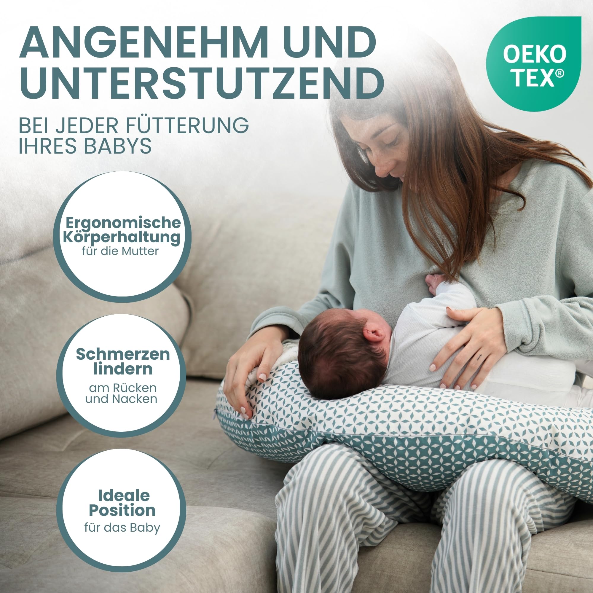 MATERNIKA 3-in-1 Schwangerschafts- und Stillkissen XL – Multifunktionales Kissen zum Schlafen, Stillen und als Babynest – Memory-Schaum-Füllung – inklusive Baby-Musselintuch