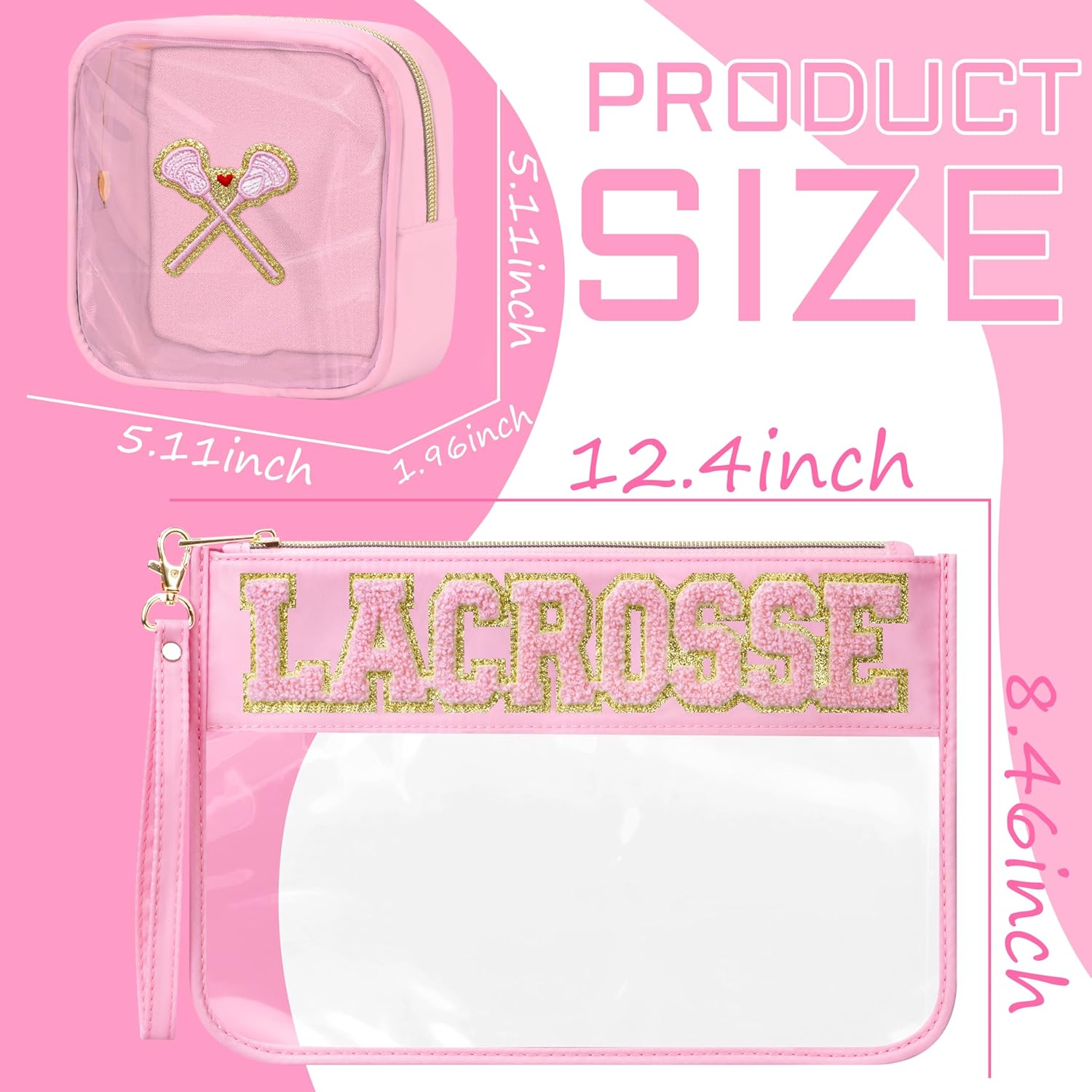 2 Pcs Lacrosse Gifts Makeup Bag with Chenille Letter Patch, Clear Cosmetic Pouch PVC Organizer Purse, Waterproof Travel Bag, Portable Toiletry Storage Bag for Her Girls Friends Women - Image 3