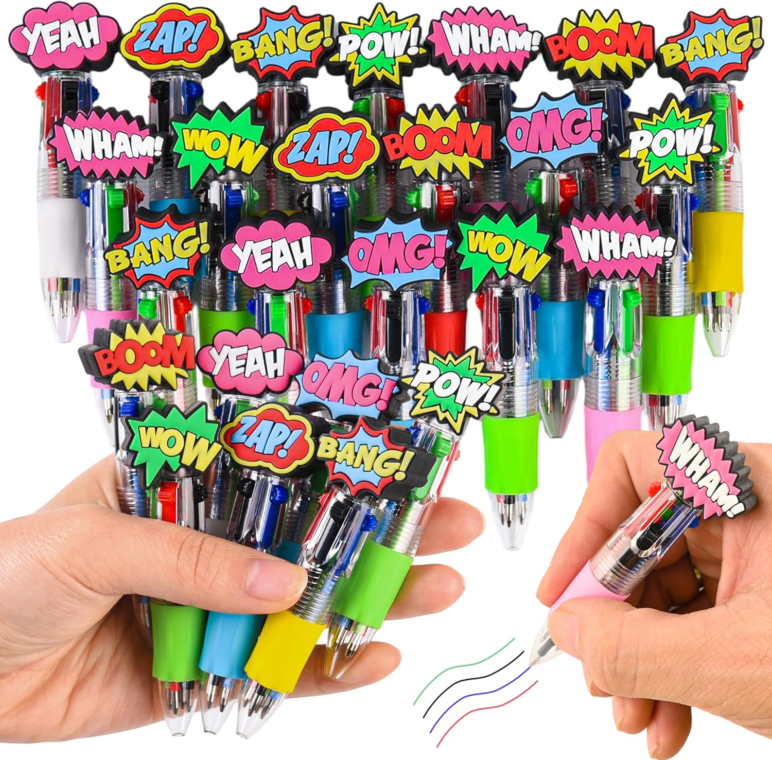 LiYiQ 100 Pcs Hero Theme Multicolor Pen in One Cartoon Cute Fun 4-in-1 Cute Pens Bulk Kawaii Hero Theme Boom Wow Pow Conversation Cool Ballpoint Pens for Fun Gifts