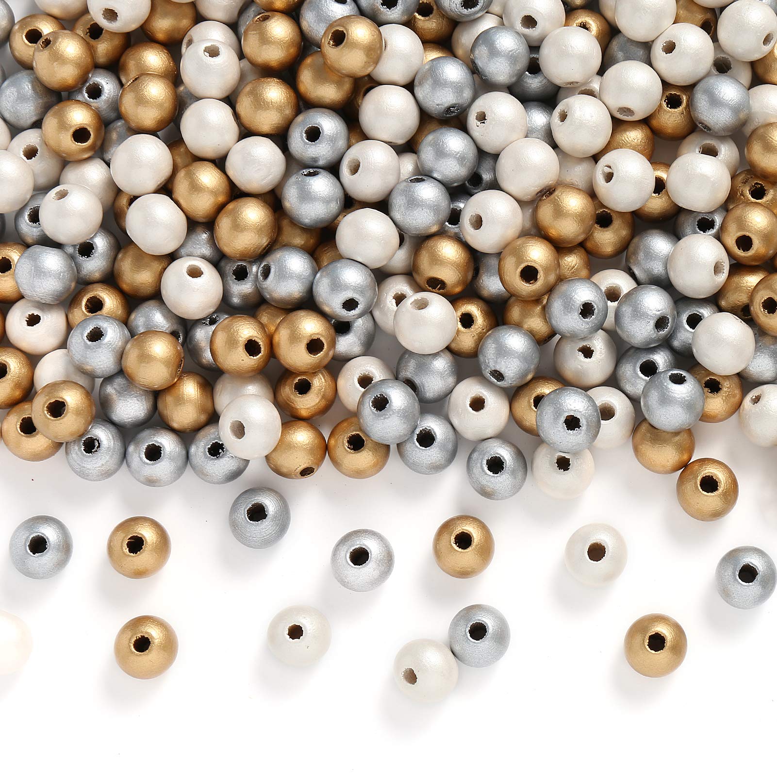 DAHI 450pcs 10mm Gold,Silver,White Pearl Beads Round Colorful Farmhouse Wooden Beads Loose Beads for DIY Crafts Jewelry Making(450pcs 10mm)