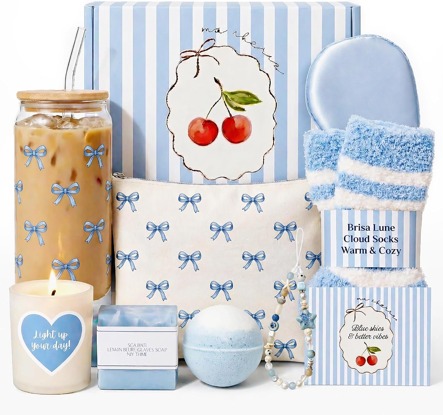 Gift Baskets for Women 9pcs Coquette Bow Birthday Gifts for Teen Girls Blue Cherry Stripe Gift Box Glass Cup Trendy Self Care Spa Stuff for Her Sister Friend Mom Perfect for Sweet 16 18th 21st Bday