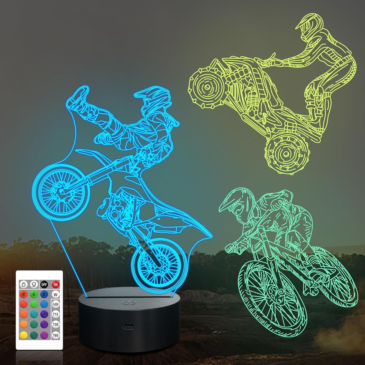 Ammonite Dirt Bike Gifts, 3D Illusion Motocross Night Light for Kids (3 Patterns) with Remote Control & 16 Colors Changing & Dimmable Function, Creative Gift Idea