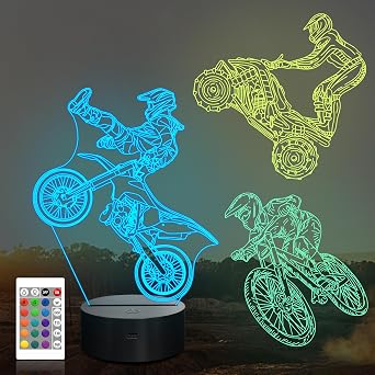 Ammonite Dirt Bike Gifts, 3D Illusion Motocross Night Light for Kids 3 Patterns with Remote Control & 16 Colors Changing & Dimmable Function, Creative Gift Idea