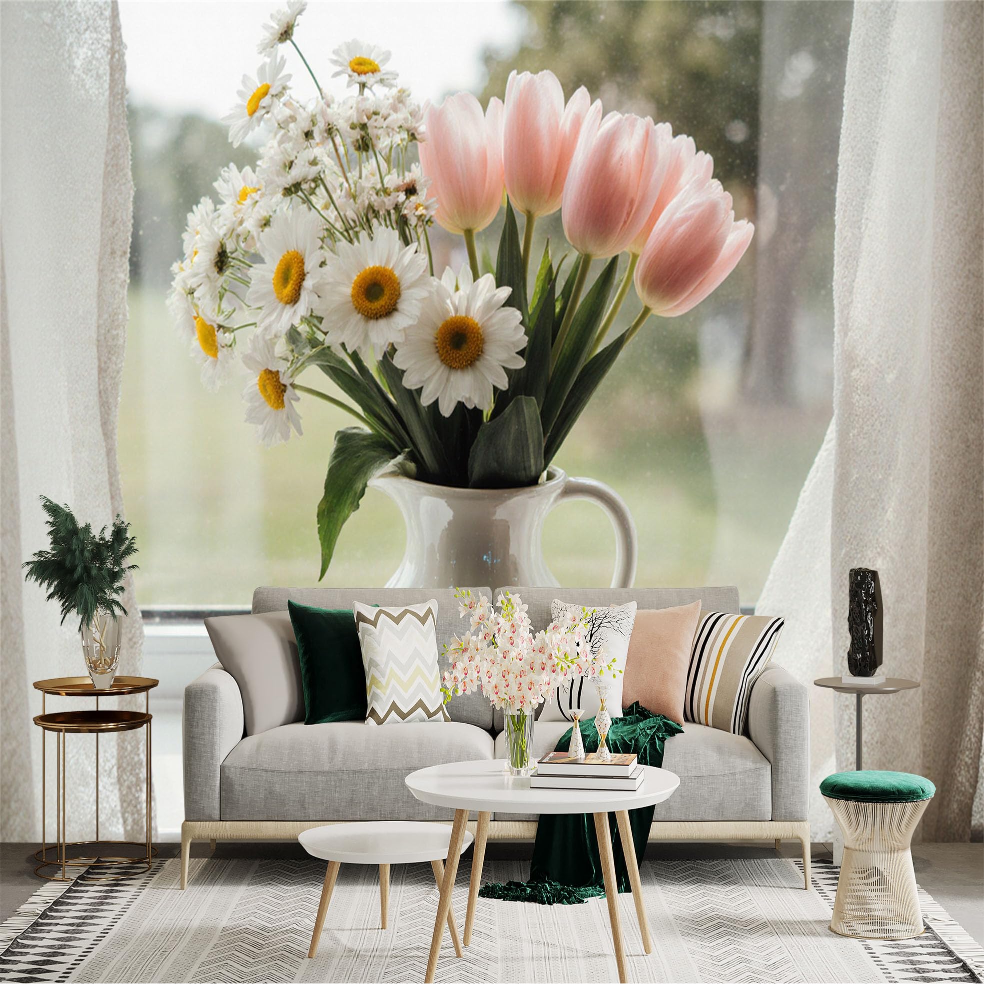 Custom Size Wall Sticker Mural， Pink Tulips and White Daisies in Ceramic Pitcher， Floral Home Decor， Spring Botanical Art， for wall Decoration， peelandstick wall Decals.