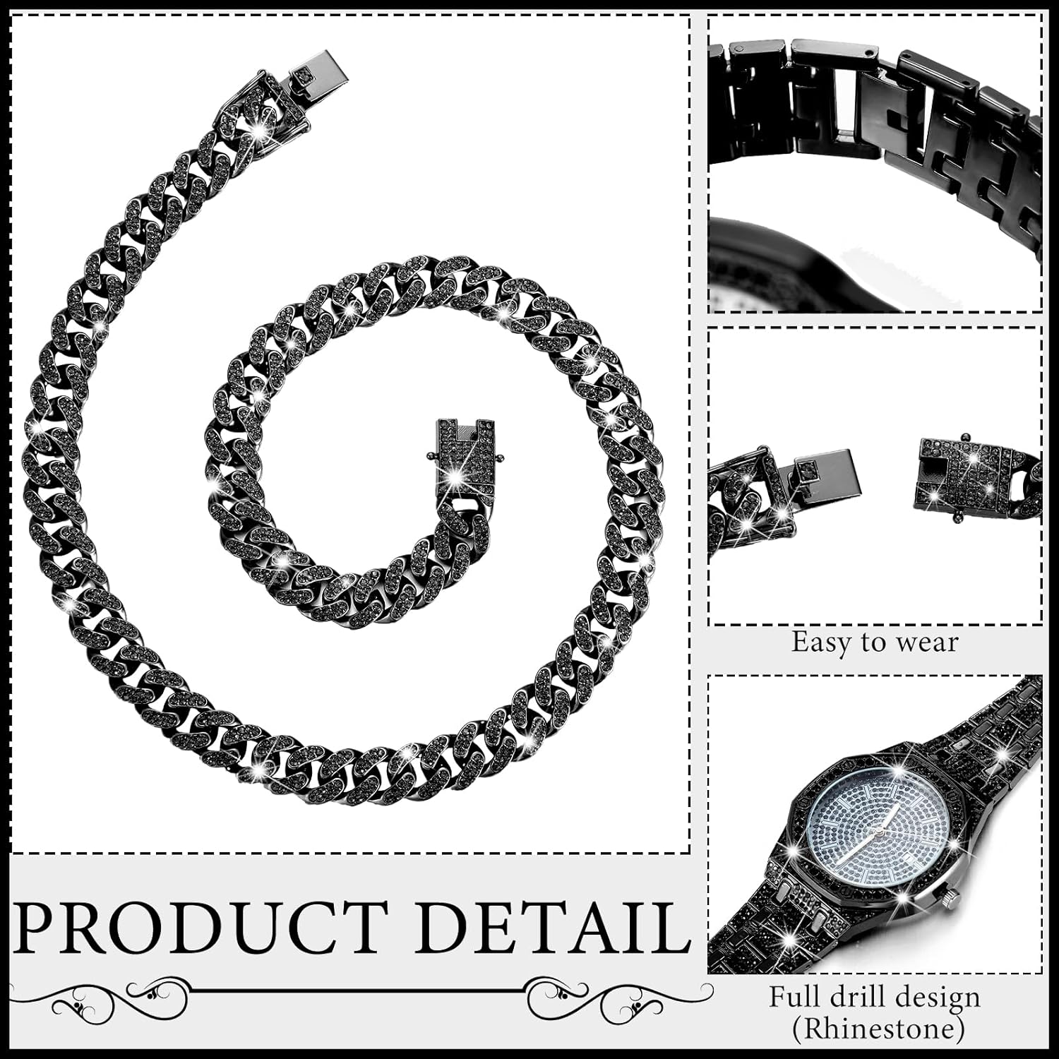 Huquary 4 Pcs Diamond Watch Cuban Link Chain Men Watch Set Hip Hop Jewelry Set Bling Rhinestone Necklace Bracelet Jewelry