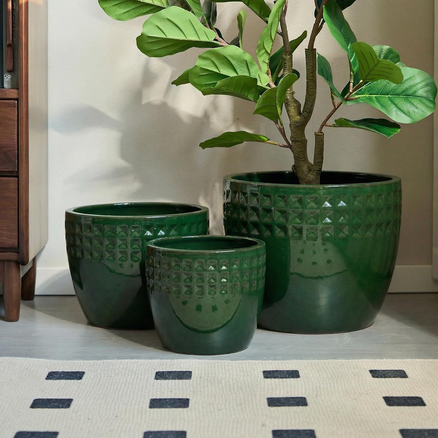 Handmade Ceramic Glazed Planter Set of 3, 15/12/9 Inch Large Plant Pots with Drainage Holes, Diamond Decorative Ceramic Pots for Indoor Outdoor Plants, Succulents & Home Decor, Ancient Green