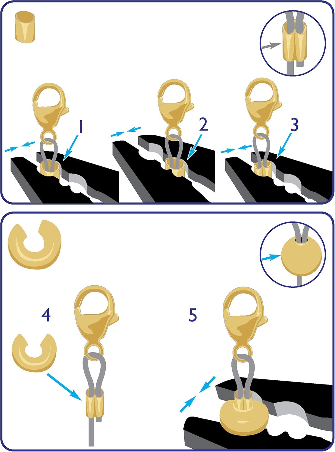The Beadsmith Crimping Set, Crimp Forming Pliers 5-1/8', 2x2mm Crimp Tubes and 3mm Crimp Bead Covers in Silver and Gold, Create Smooth, Rounded Crimps Every Time, No Sharp Edges