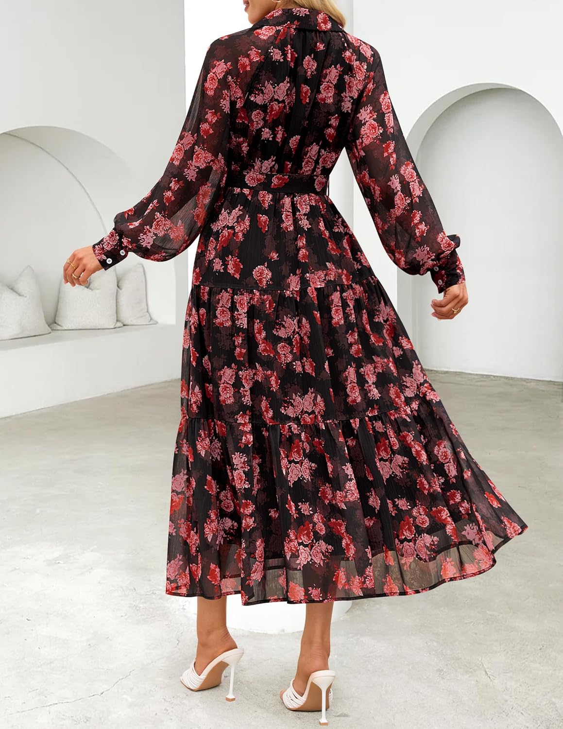 ZESICA Women's Spring Floral Long Sleeve Maxi Dresses 2026 Casual Button Belted Chiffon Boho Wedding Guest Party Dress - Image 6