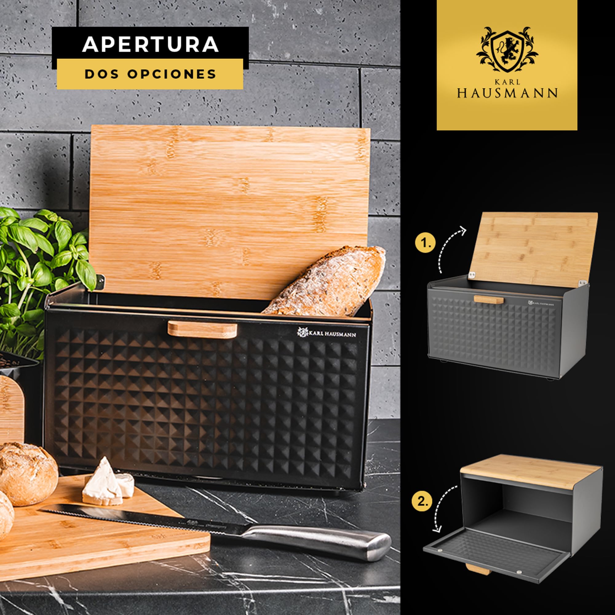 KARL HAUSMANN Panera Metal Gris con Tapa de Bambú - 35x25x15,5 cm - Paneras para Guardar el Pan - Grande Caja para Pan Moderna para Encimera de Cocina - Caixa Pao - Bread Box