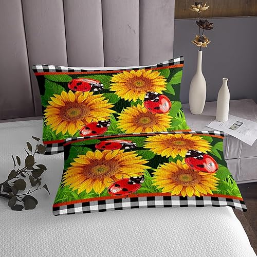 Miniatura 3 de Juego de colcha de girasoles amarillos, tamaño Queen para niños, niñas, juego de edredón de mariquita roja, colcha de cuadrícula geométrica, colcha